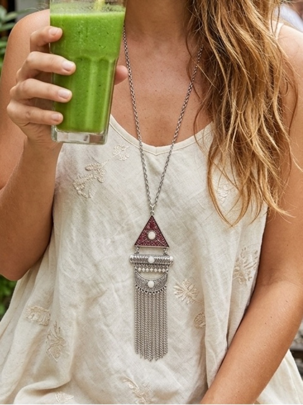 Vintage Boho Mind Body Spirit Triangle above the Moon Silvertone Tassel Necklace